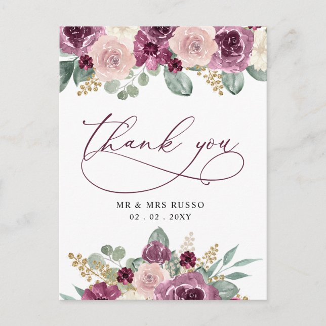 Elegant Botanical Plum Floral Vielen Dank Postkarte (Vorderseite)