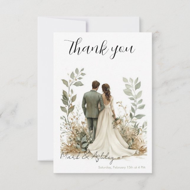 Elegant botanical-themed wedding thank you card dankeskarte (Vorderseite)