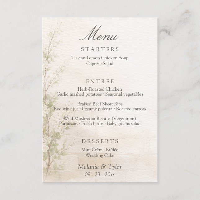 Elegant Botanical Wedding Menu Card Begleitkarte (Vorderseite)