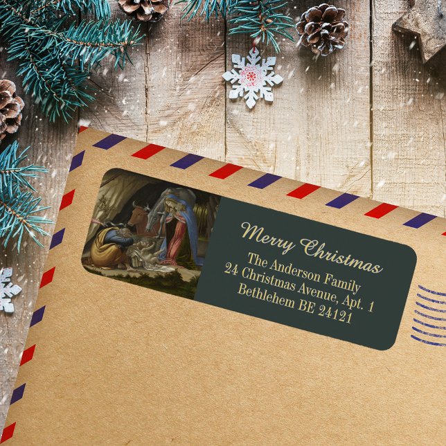 Elegant Botticelli Christliche Weihnachtsadresse (Elegant Green Grey Gold Botticelli Religious Christian Catholic Christmas Return Address Label)