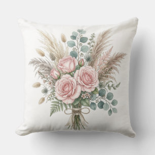 Élégant Bouquet Floral Boho Rose Pâle coussin