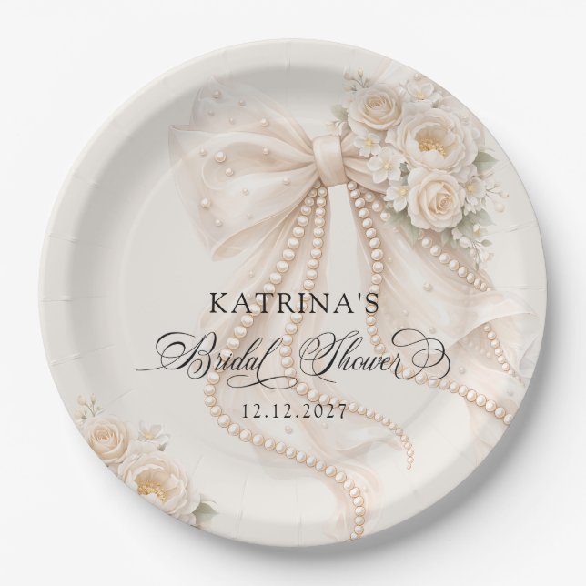 Elegant Bow and Pearl Pastel Bridal Shower Pappteller (Vorderseite)