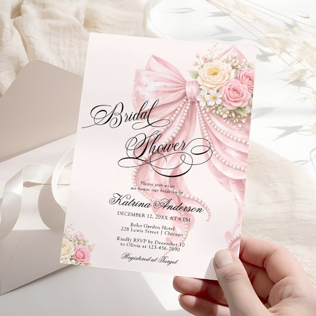 Elegant Bow Floral Blush Pink Bridal Shower  Einladung (Von Creator hochgeladen)