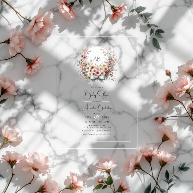 Elegant Bow Floral Monogram Baby Shower Acryleinladungen (Elegant Bow Floral Monogram Baby Shower Acrylic Invitations)