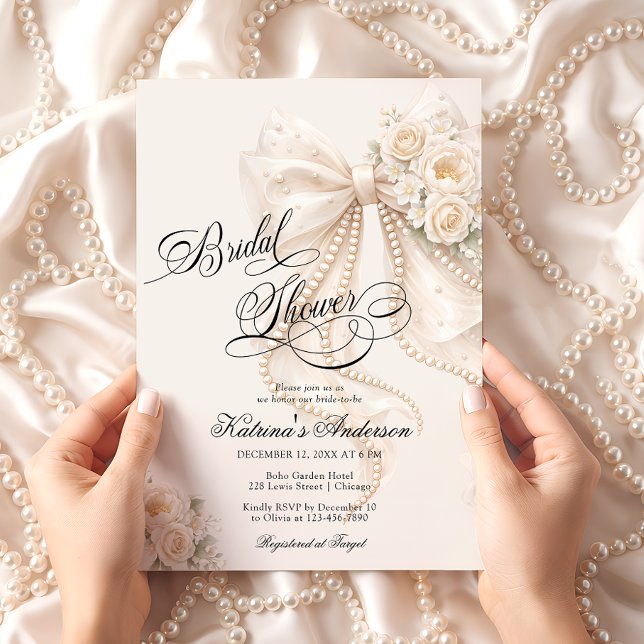 Elegant Bow Floral Neutral Bridal Shower  Einladung (Von Creator hochgeladen)