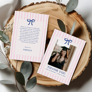 Elegant Bow Pink Striped Photo Graduation Dankeskarte