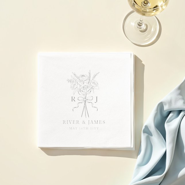 Élégant Bow Ruban Floral Bouquet Mariage Monogramm (Elegant Bow Ribbon Floral Bouquet Wedding Monogram Foil Napkins)
