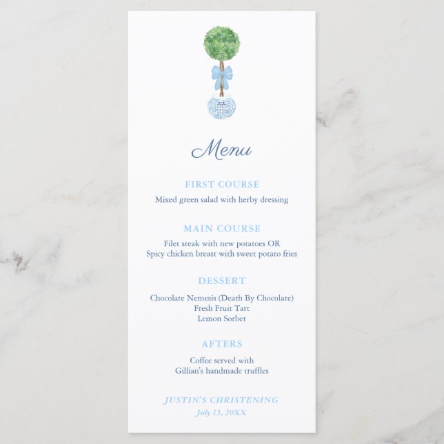 Elegant Boxwood Baby Boy Christening Celebration Menükarte (Vorderseite)