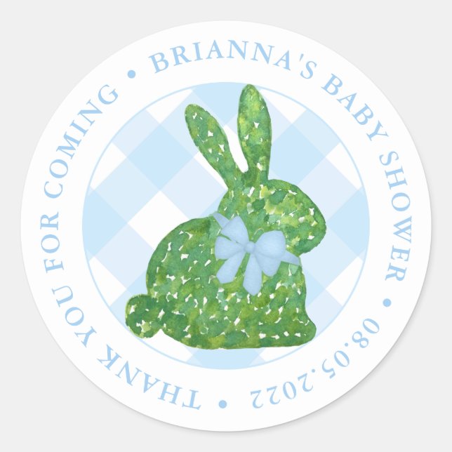 Elegant Boxwood Topiary Rabbit Blue Bow Gefallen Runder Aufkleber (Vorderseite)