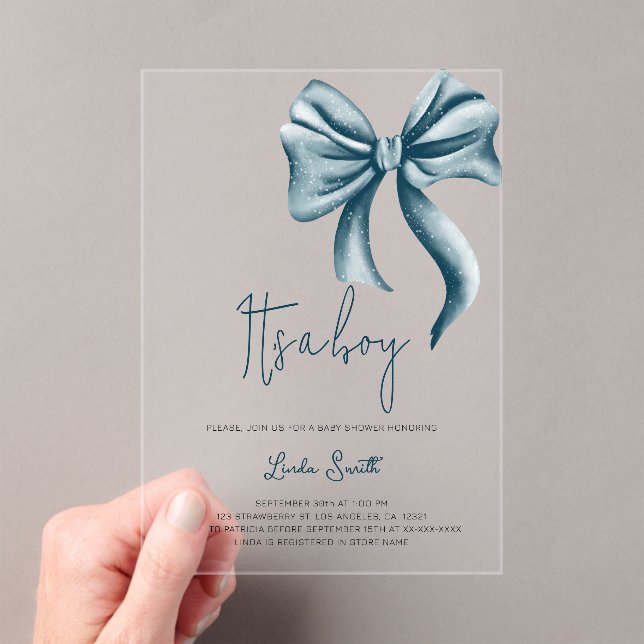 Elegant Boy Blue Bow Baby Shower Acryleinladungen (Insitu (Handheld))