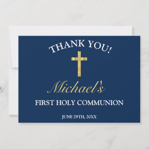 Elegant Boys Gold Blue Cross First Communation Dankeskarte