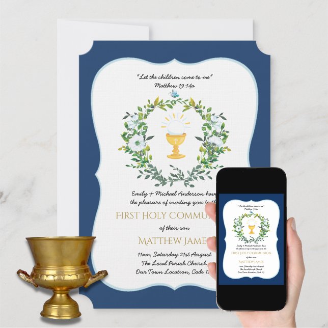 Elegant Boys Navy Floral First Holy Communion Inv Einladung (Von Creator hochgeladen)