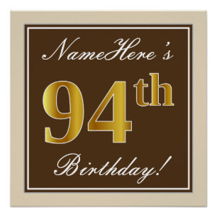Elegant, Braun, Falsches Gold 94. Geburtstag + Nam Poster