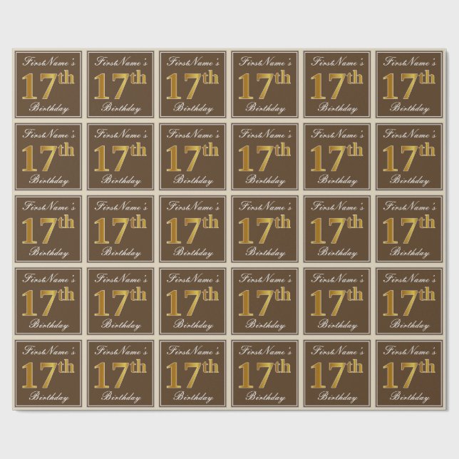 Elegant, braun, Imitate Gold 17. Geburtstag + Name Geschenkpapier (Flach)