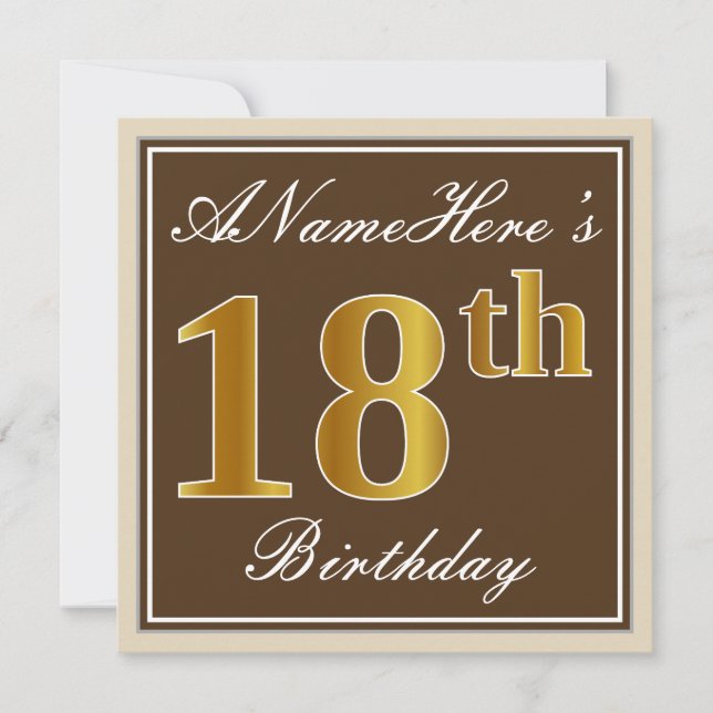 Elegant, braun, Imitate Gold 18. Geburtstag + Name Einladung (Vorderseite)