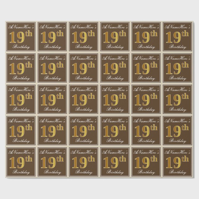 Elegant, braun, Imitate Gold 19. Geburtstag + Name Geschenkpapier (Flach)