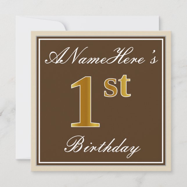 Elegant, braun, Imitate Gold 1. Geburtstag + Name Einladung (Vorderseite)
