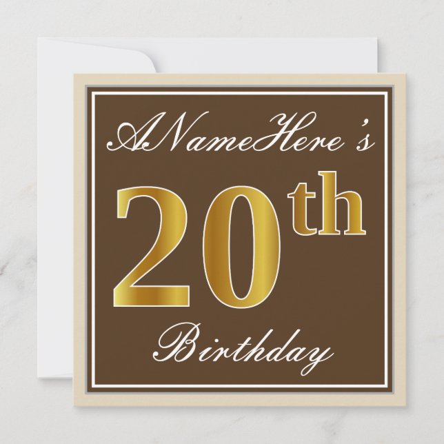 Elegant, braun, Imitate Gold 20. Geburtstag + Name Einladung (Vorderseite)