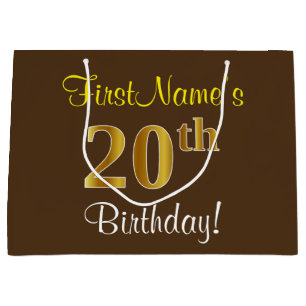 Elegant, braun, Imitate Gold 20. Geburtstag + Name Große Geschenktüte