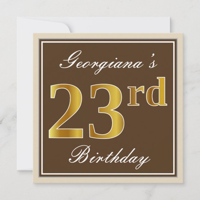 Elegant, braun, Imitate Gold 23. Geburtstag + Name Einladung (Vorderseite)