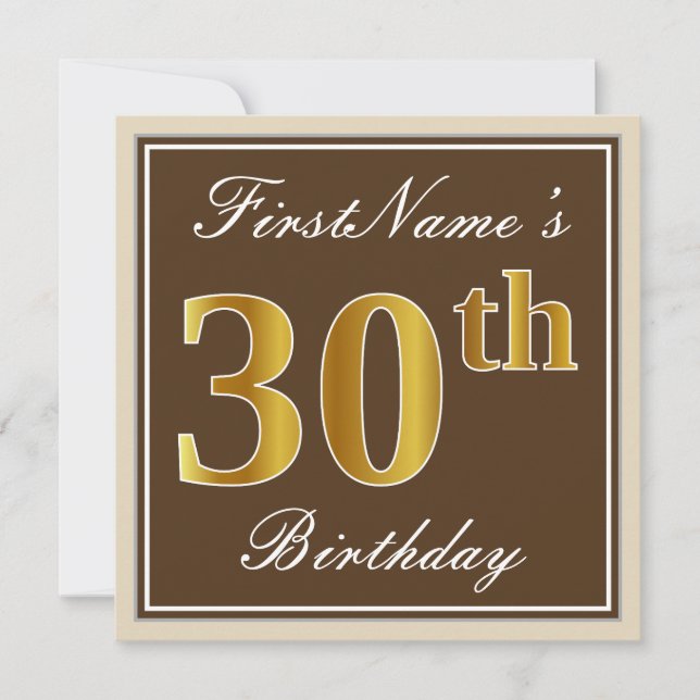 Elegant, braun, Imitate Gold 30. Geburtstag + Name Einladung (Vorderseite)