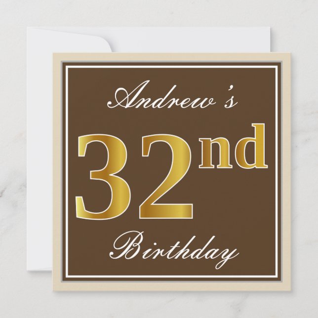 Elegant, braun, Imitate Gold 32. Geburtstag + Name Einladung (Vorderseite)