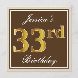 Elegant, Braun, Imitate Gold 33. Geburtstag + Name Einladung