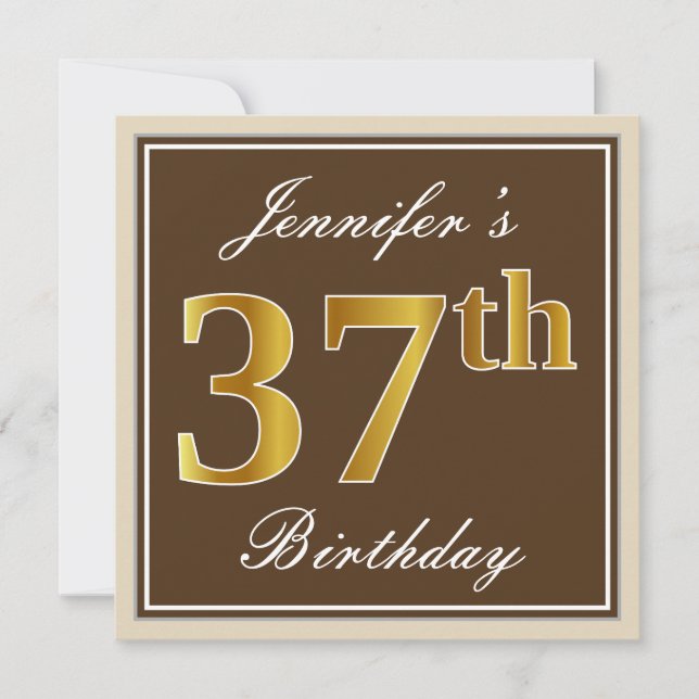 Elegant, braun, Imitate Gold 37. Geburtstag + Name Einladung (Vorderseite)