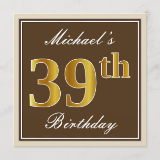 Elegant, braun, Imitate Gold 39. Geburtstag + Name Einladung