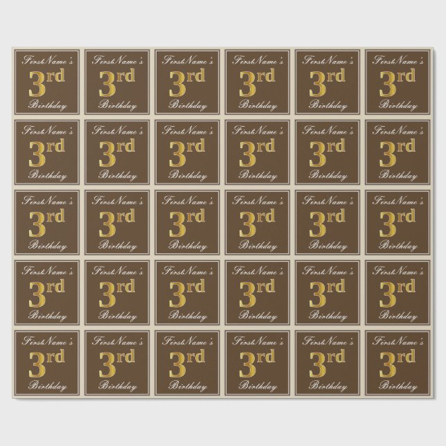 Elegant, braun, Imitate Gold 3. Geburtstag + Name Geschenkpapier (Flach)