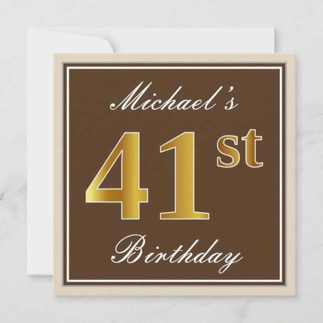 Elegant, braun, Imitate Gold 41. Geburtstag + Name Einladung (Vorderseite)