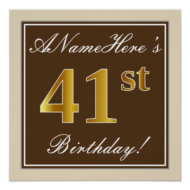 Elegant, braun, Imitate Gold 41. Geburtstag + Name Poster (Vorderseite)