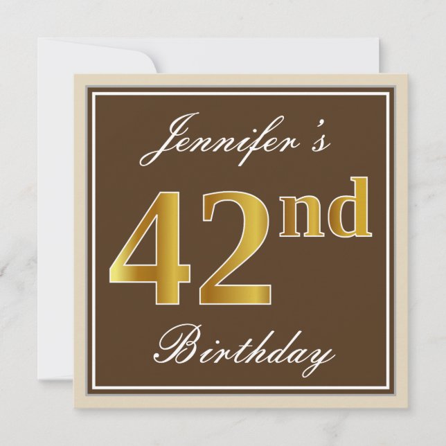 Elegant, braun, Imitate Gold 42. Geburtstag + Name Einladung (Vorderseite)