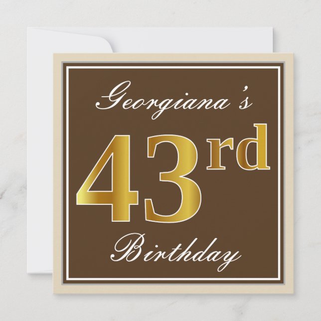Elegant, braun, Imitate Gold 43. Geburtstag + Name Einladung (Vorderseite)