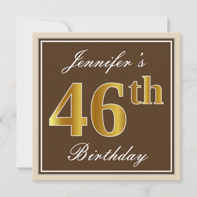 Elegant, braun, Imitate Gold 46. Geburtstag + Name Einladung (Vorderseite)