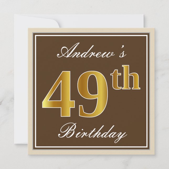 Elegant, braun, Imitate Gold 49. Geburtstag + Name Einladung (Vorderseite)