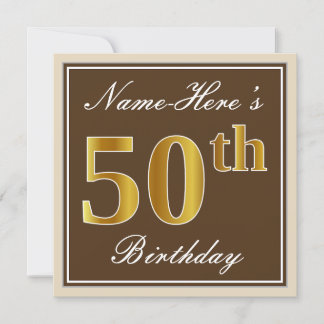 Elegant, braun, Imitate Gold 50. Geburtstag + Name Einladung