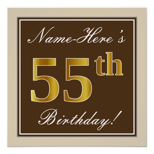 Elegant, braun, Imitate Gold 55. Geburtstag + Name Poster (Vorderseite)