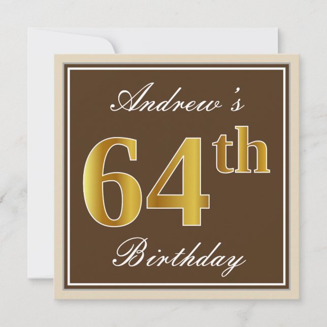 Elegant, braun, Imitate Gold 64. Geburtstag + Name Einladung (Vorderseite)