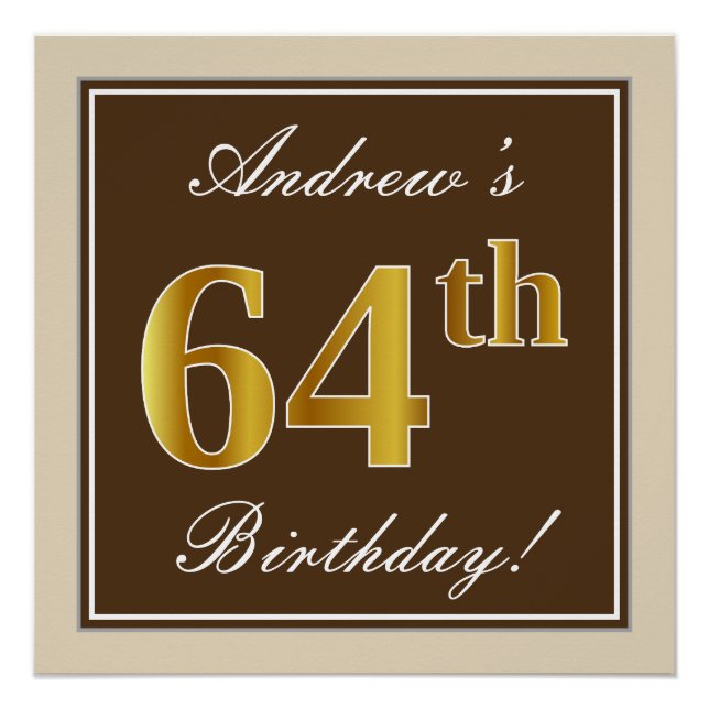 Elegant, braun, Imitate Gold 64. Geburtstag + Name Poster (Vorderseite)