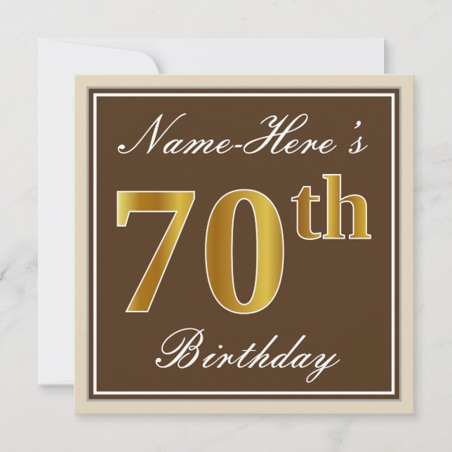 Elegant, braun, Imitate Gold 70. Geburtstag + Name Einladung (Vorderseite)