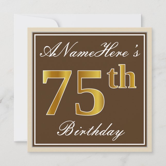 Elegant, braun, Imitate Gold 75. Geburtstag + Name Einladung (Vorderseite)