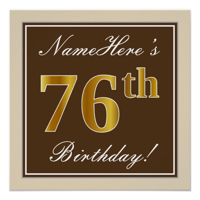 Elegant, braun, Imitate Gold 76. Geburtstag + Name Poster (Vorderseite)
