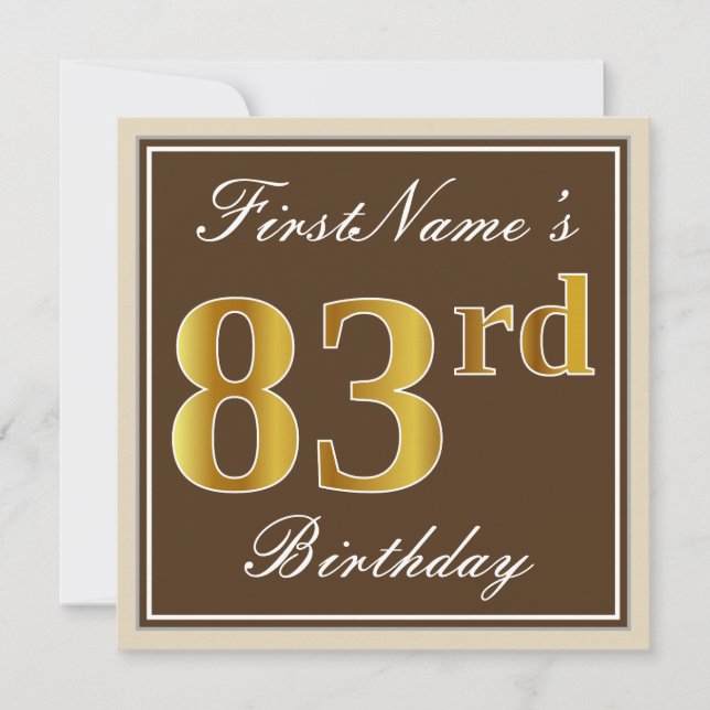 Elegant, braun, Imitate Gold 83. Geburtstag + Name Einladung (Vorderseite)