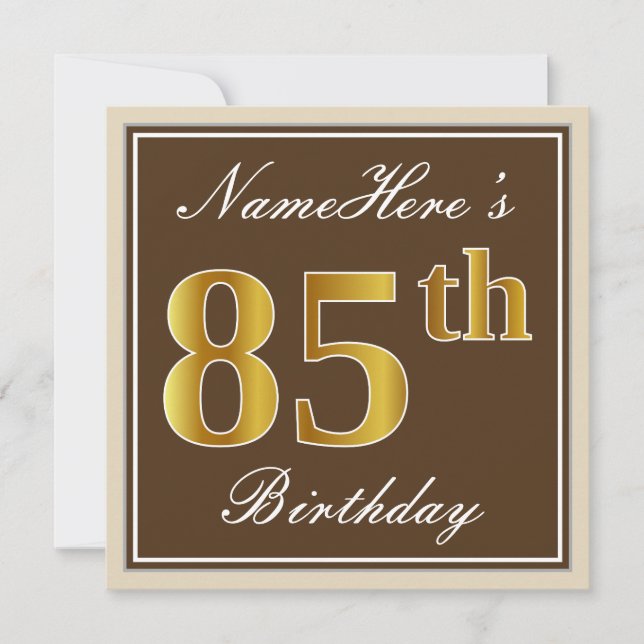 Elegant, braun, Imitate Gold 85. Geburtstag + Name Einladung (Vorderseite)