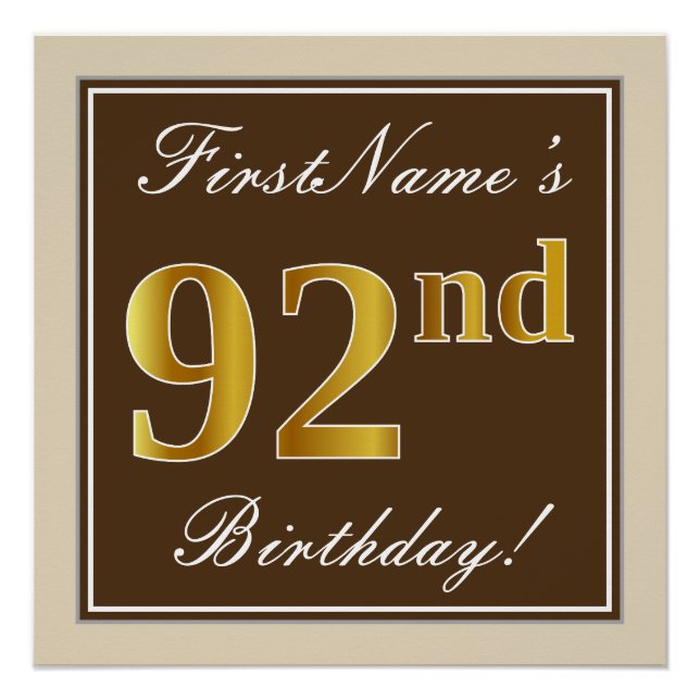 Elegant, braun, Imitate Gold 92. Geburtstag + Name Poster (Vorderseite)