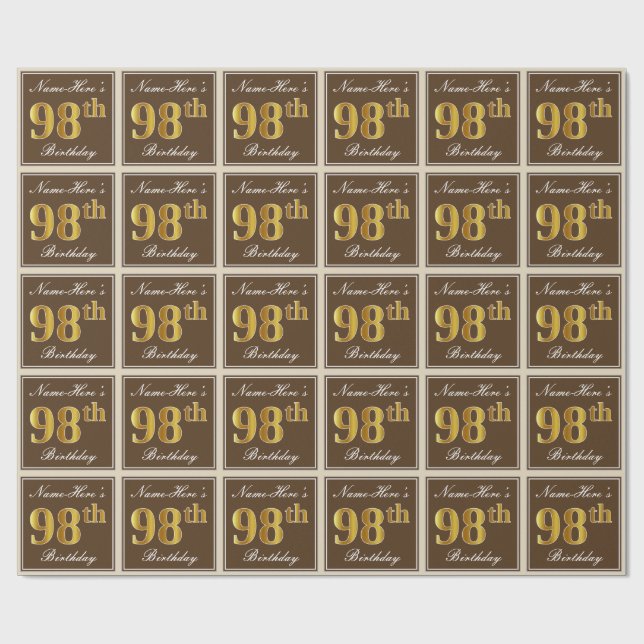 Elegant, braun, Imitate Gold 98. Geburtstag + Name Geschenkpapier (Flach)