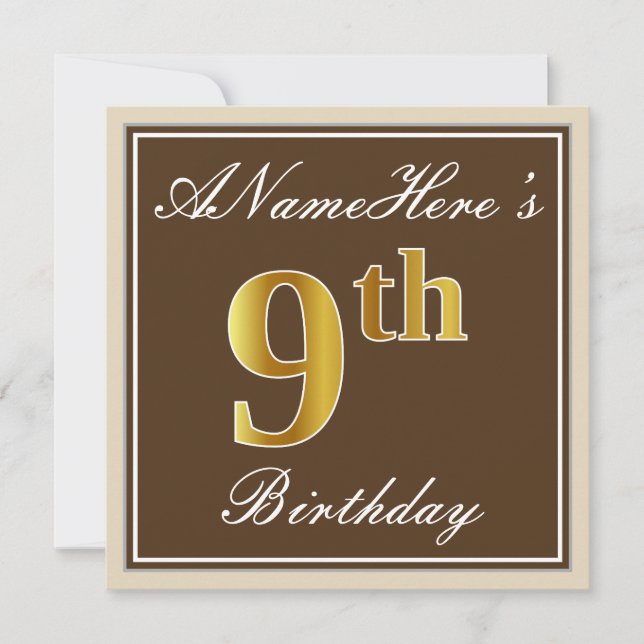 Elegant, braun, Imitate Gold 9. Geburtstag + Name Einladung (Vorderseite)