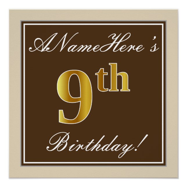 Elegant, braun, Imitate Gold 9. Geburtstag + Name Poster (Vorderseite)