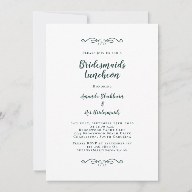 Elegant Bridal Luncheon Bridesmaids Emerald Green Einladung (Vorderseite)